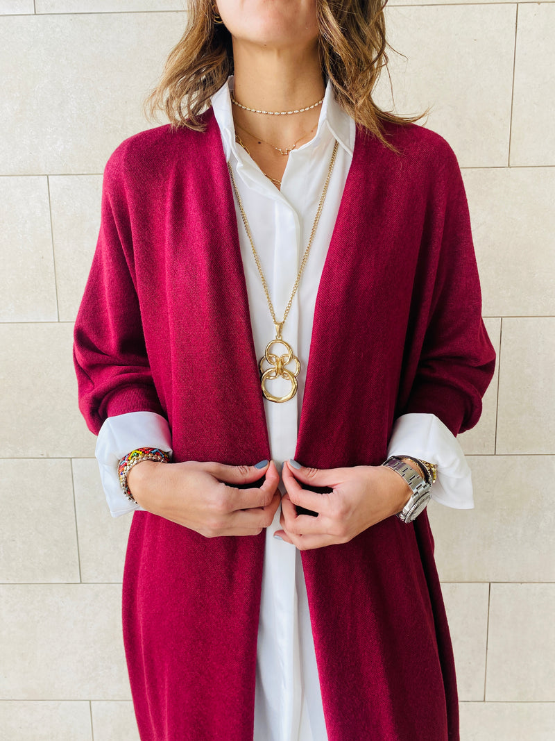 Long burgundy cardigan on sale outfit