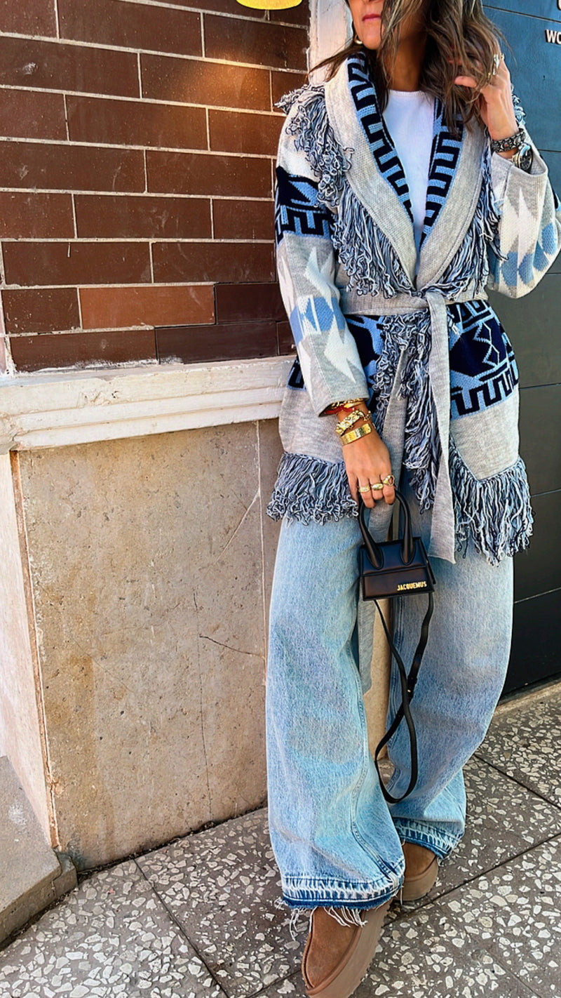 Grey Belted Fringe Hobo Knit Cardi