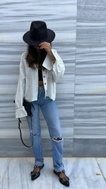 White Lined Linen Cropped Shirt