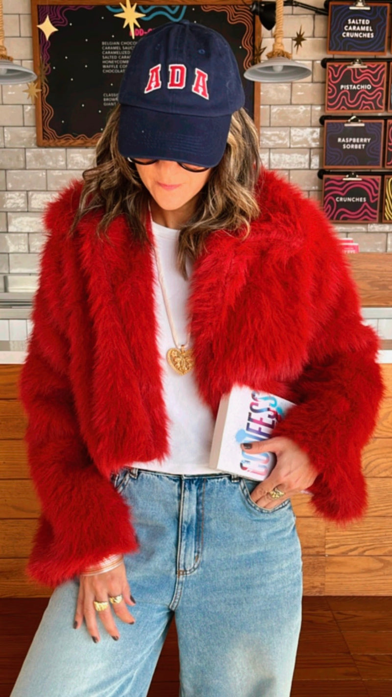 Red Faux Fur Cropped Jacket