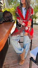 Red Belted Fringe Hobo Knit Cardi