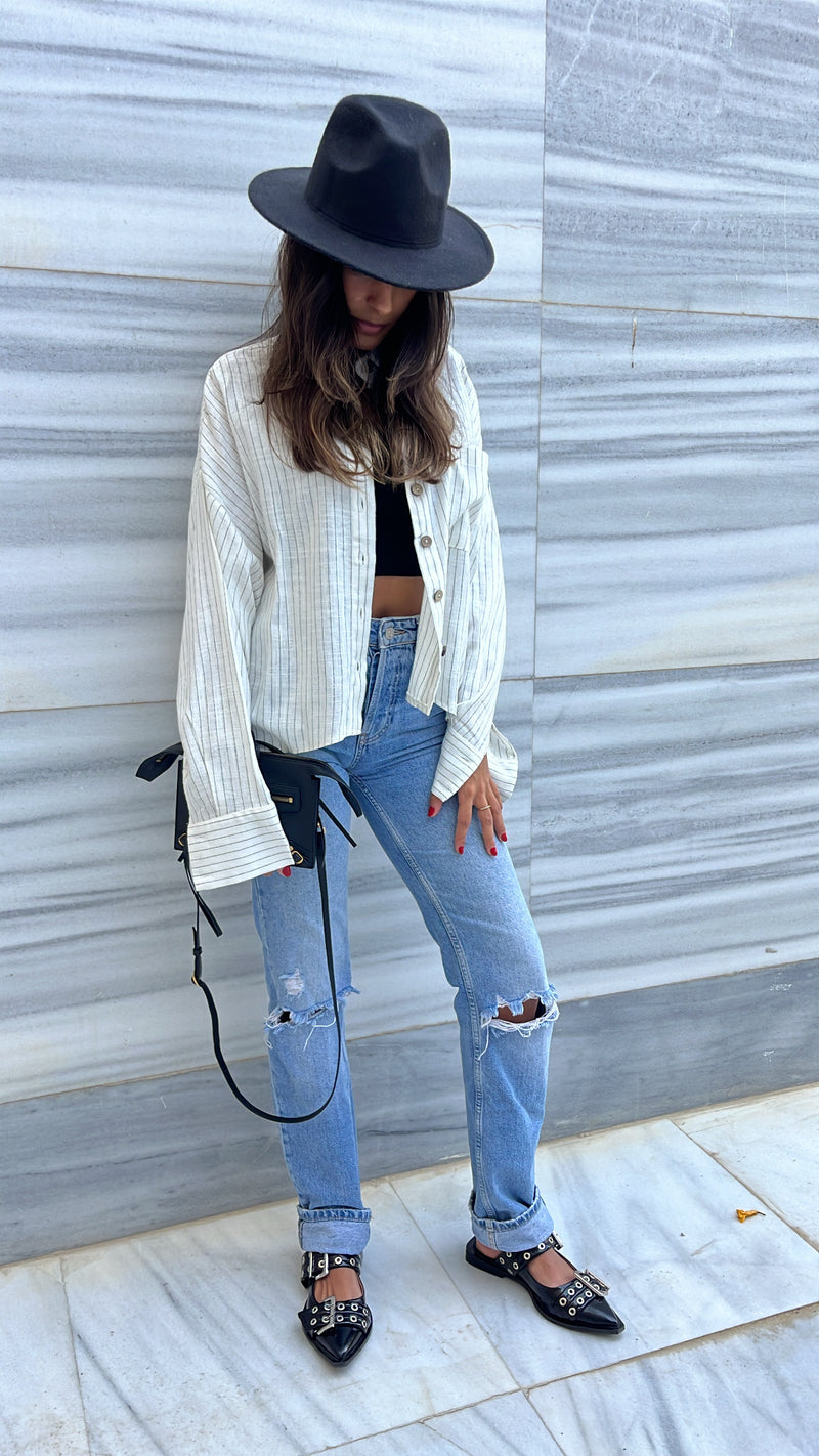 White Lined Linen Cropped Shirt