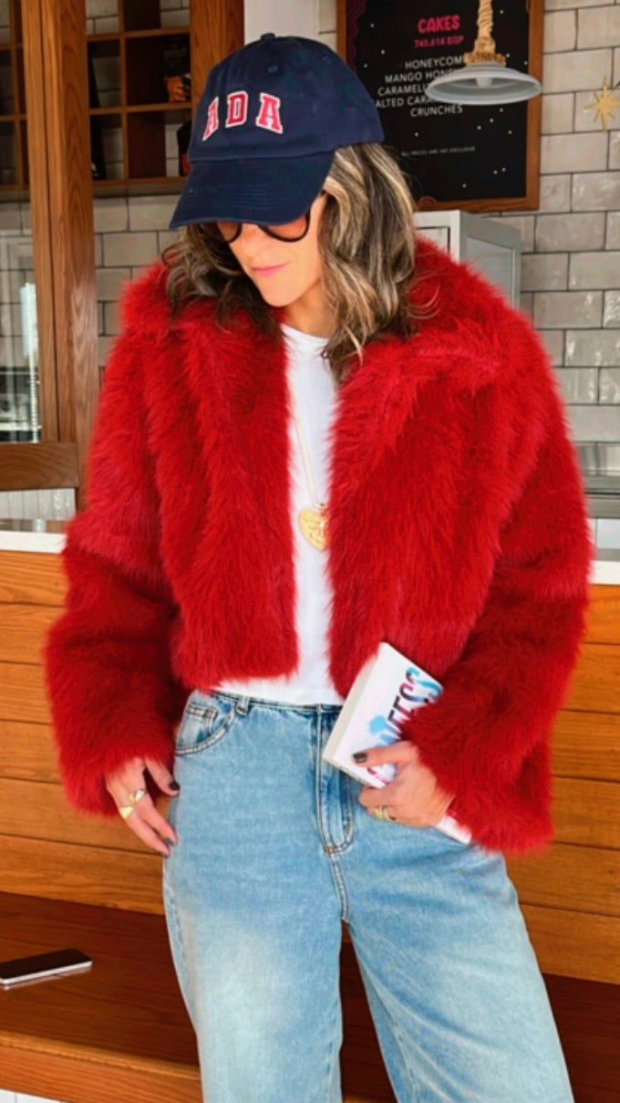 Red Faux Fur Cropped Jacket