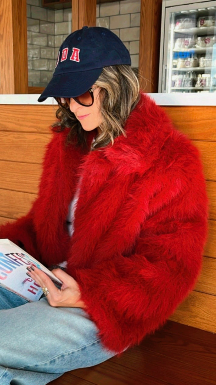 Red Faux Fur Cropped Jacket