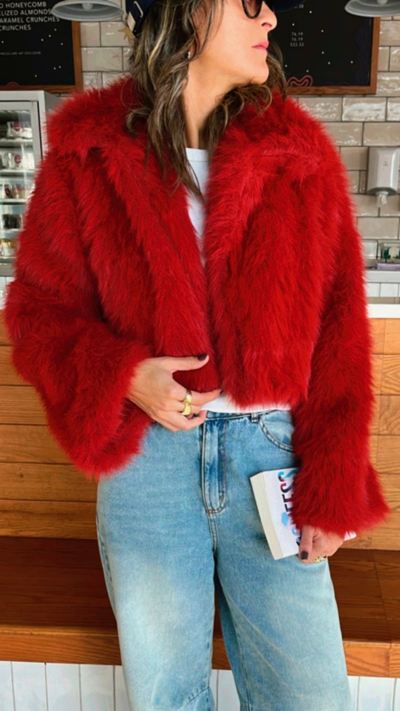 Red Faux Fur Cropped Jacket