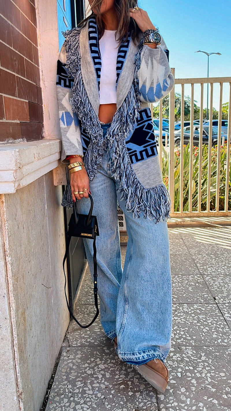 Grey Belted Fringe Hobo Knit Cardi