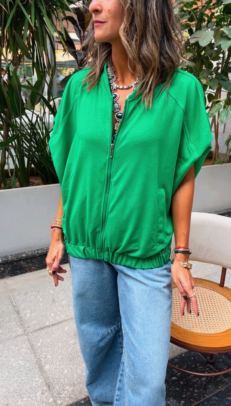 Green Sleeveless Zip Up Top