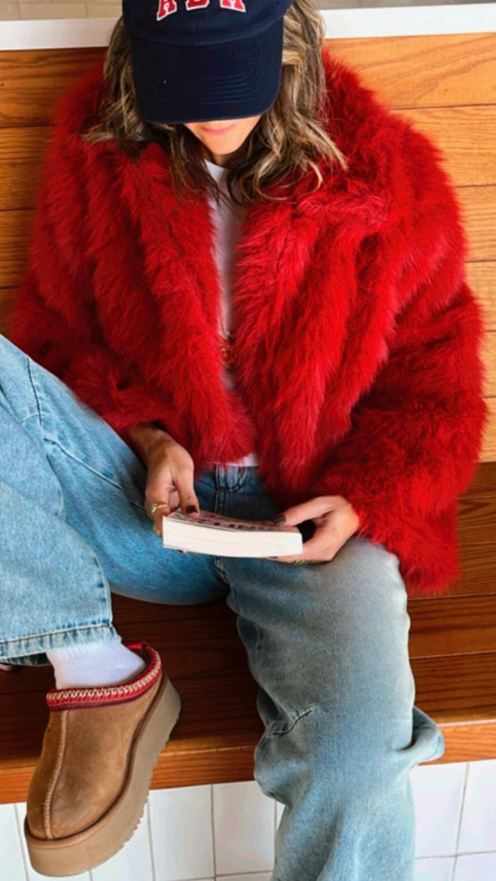 Red Faux Fur Cropped Jacket