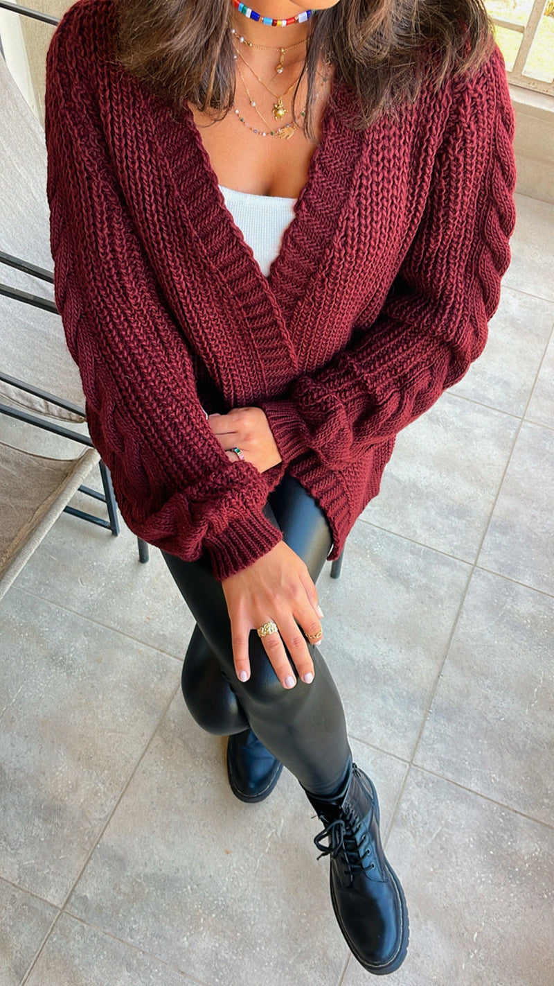 Burgundy Braided Sleeve Cardigan