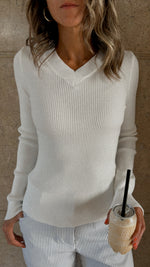 White V-Neck Contour Elevated Pullover