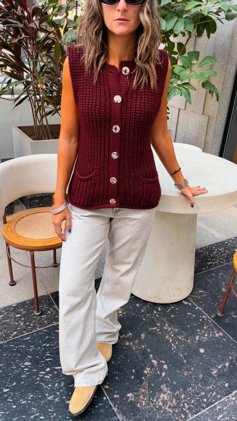 PREORDER Burgundy Golden Button Knit Vest