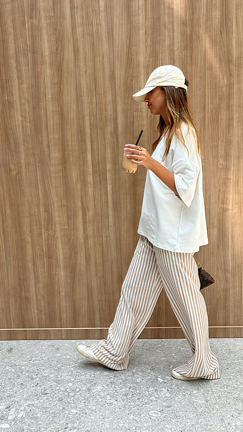 Beige Simple Times Striped Pants