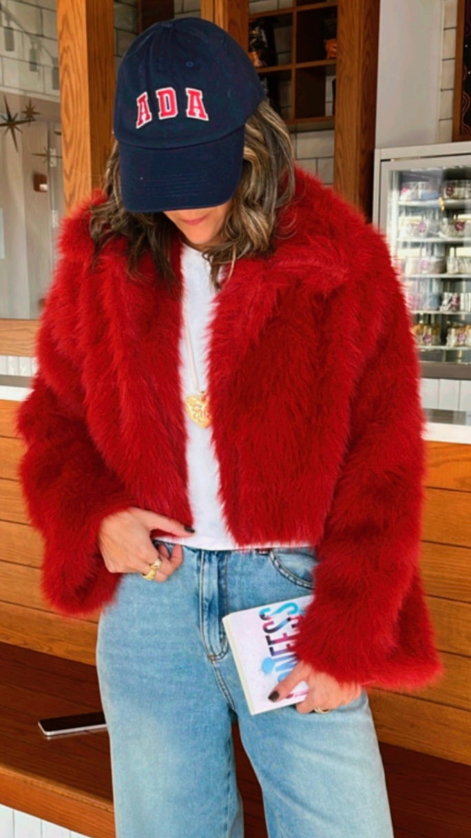 Red Faux Fur Cropped Jacket