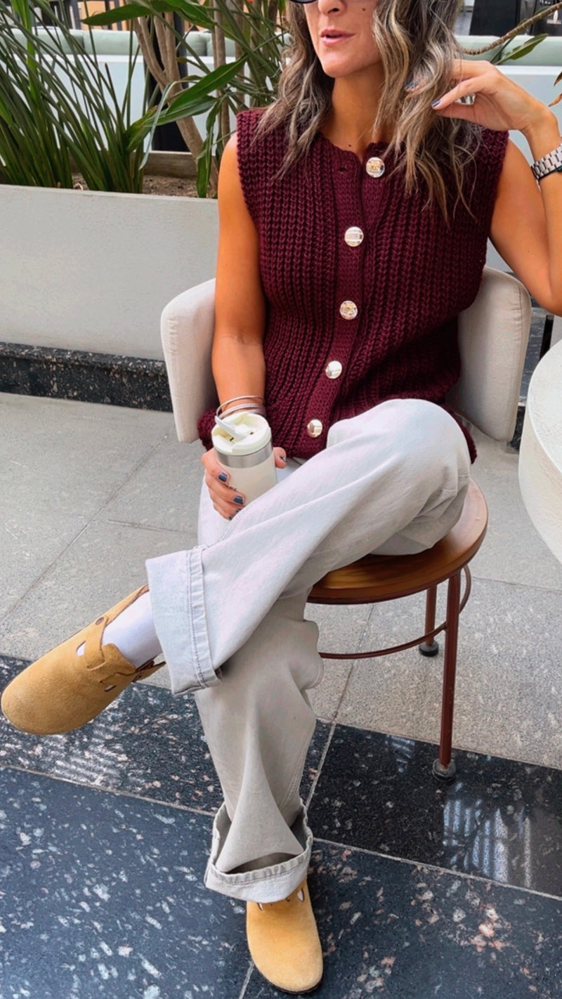 PREORDER Burgundy Golden Button Knit Vest