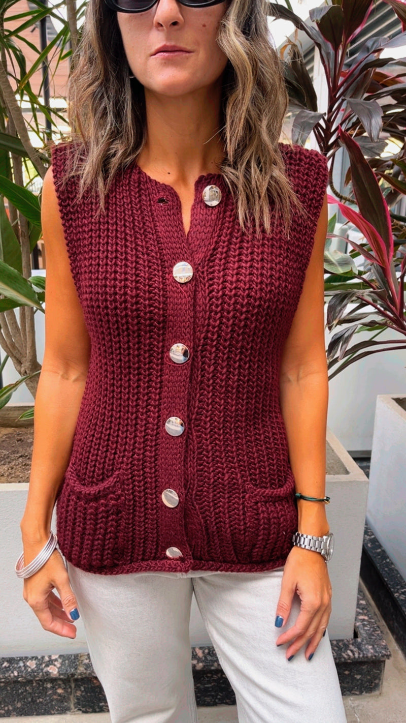 PREORDER Burgundy Golden Button Knit Vest