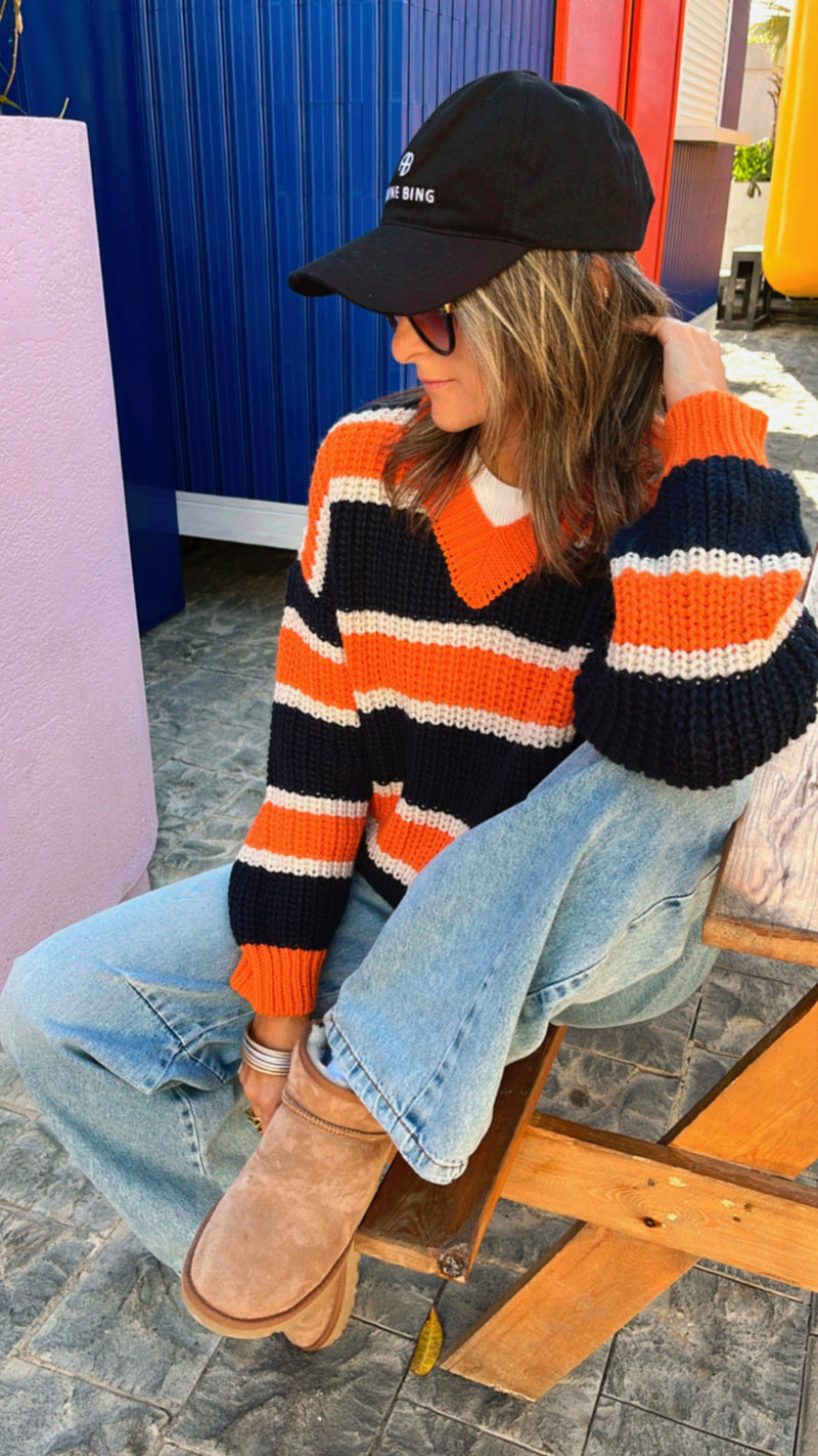 Black & Orange Striped V Knit Pullover