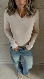 Beige V-Neck Contour Elevated Pullover