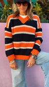 Black & Orange Striped V Knit Pullover