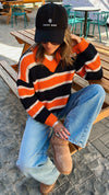 Black & Orange Striped V Knit Pullover