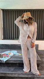 Beige Vacation Check Crochet Shirt Set