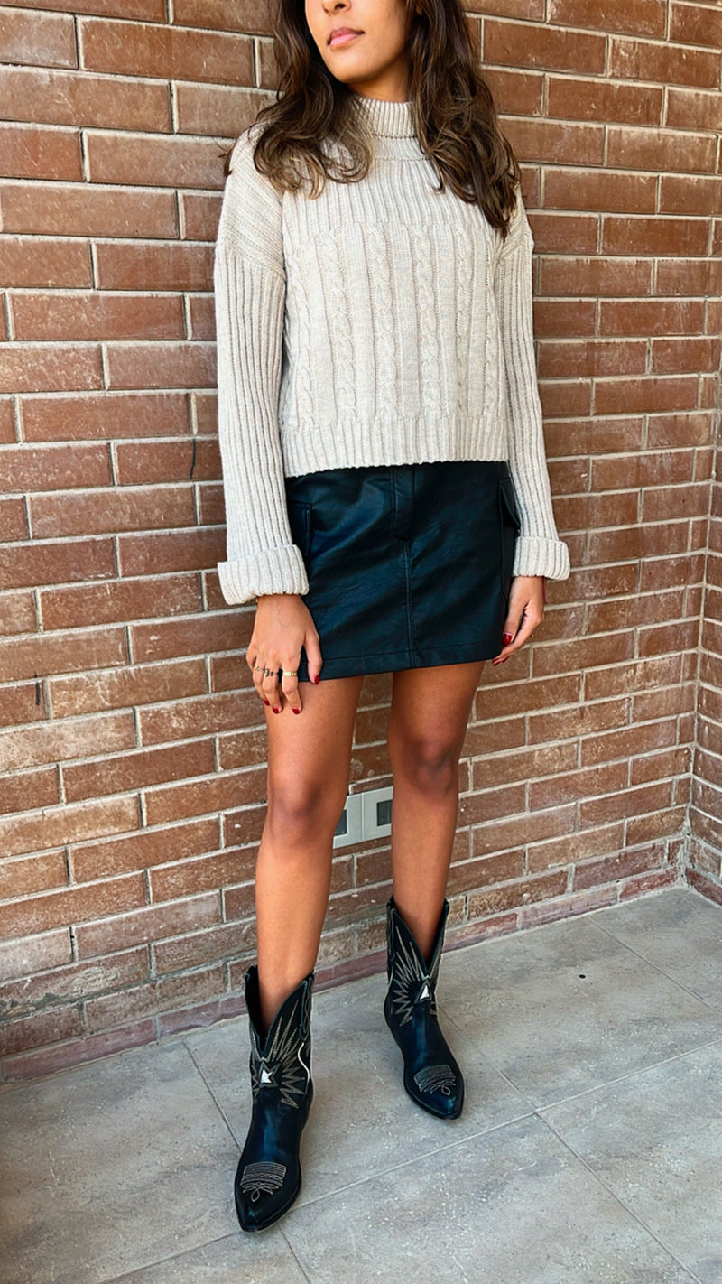 Beige Turtle Neck Loose Knit