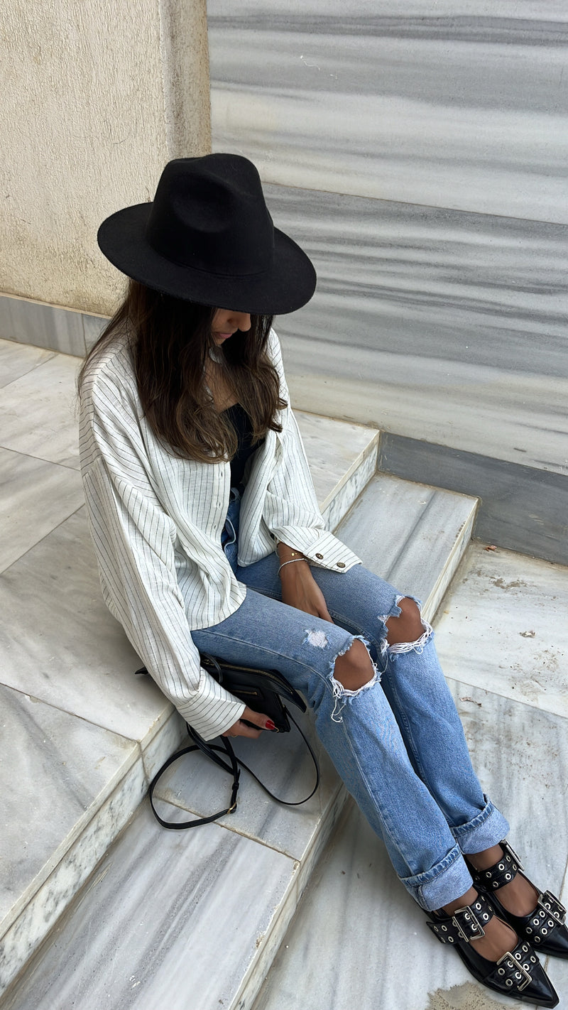 White Lined Linen Cropped Shirt