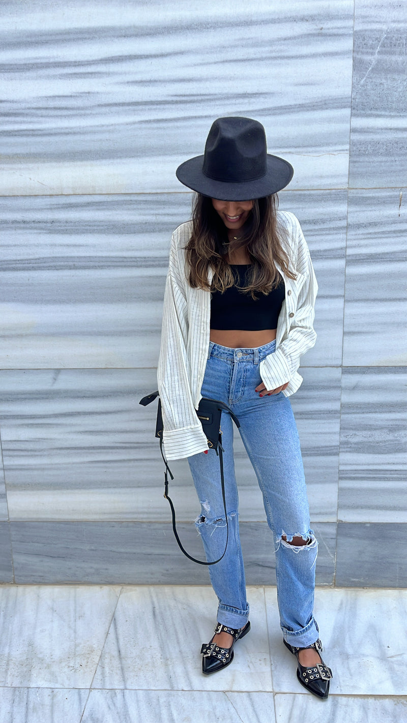 White Lined Linen Cropped Shirt