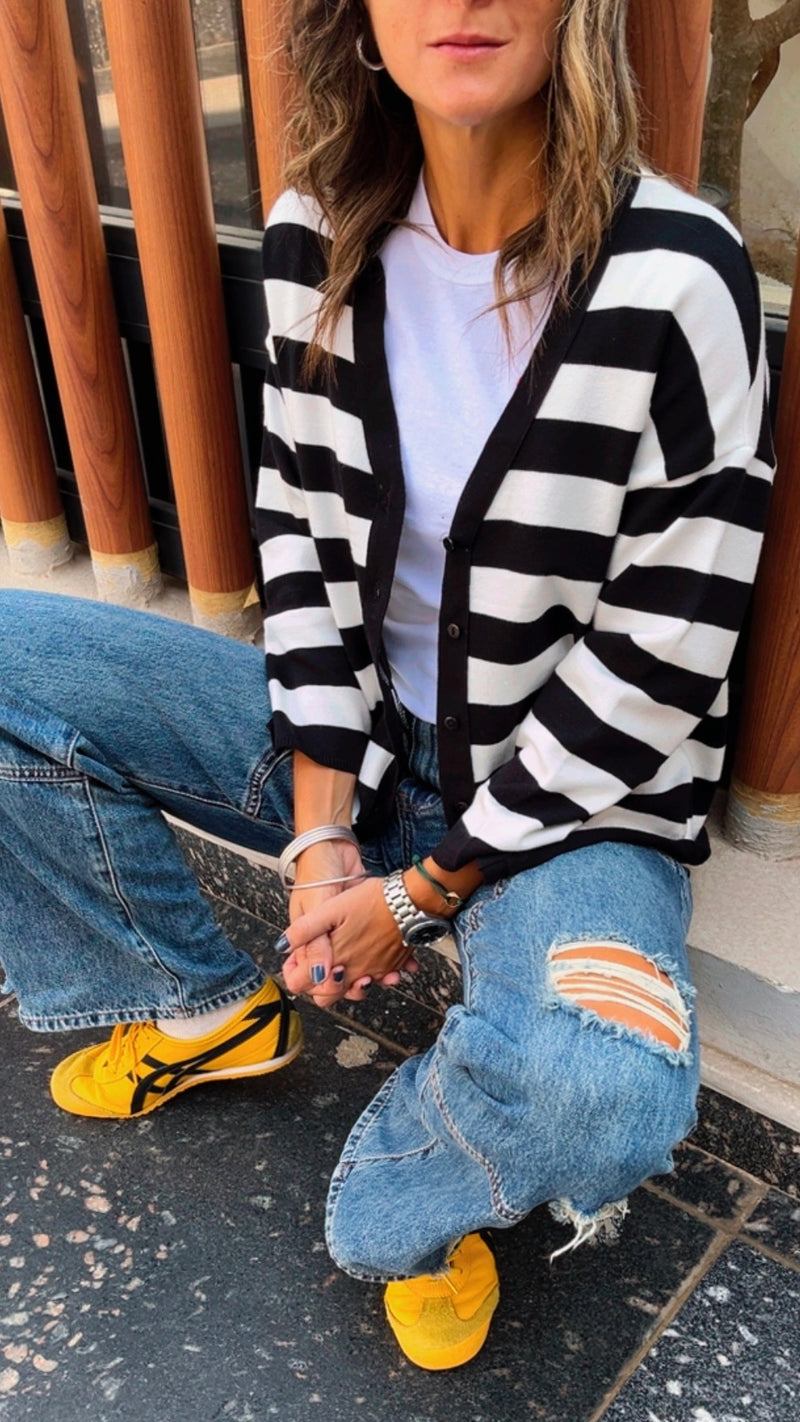 Black Striped Everyday Light Knit Cardigan