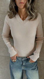 Beige V-Neck Contour Elevated Pullover