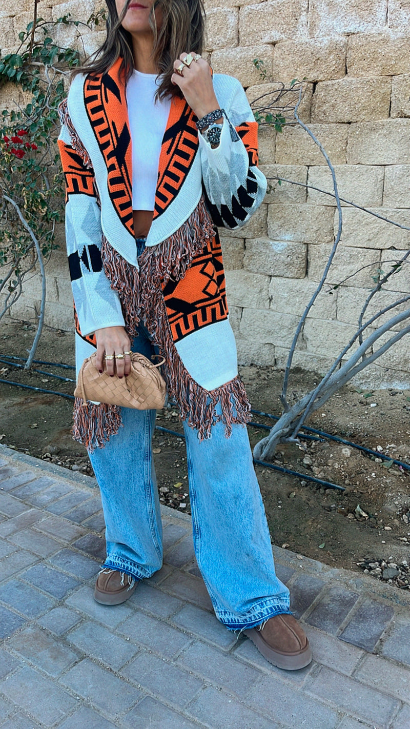 Orange Belted Fringe Hobo Knit Cardi