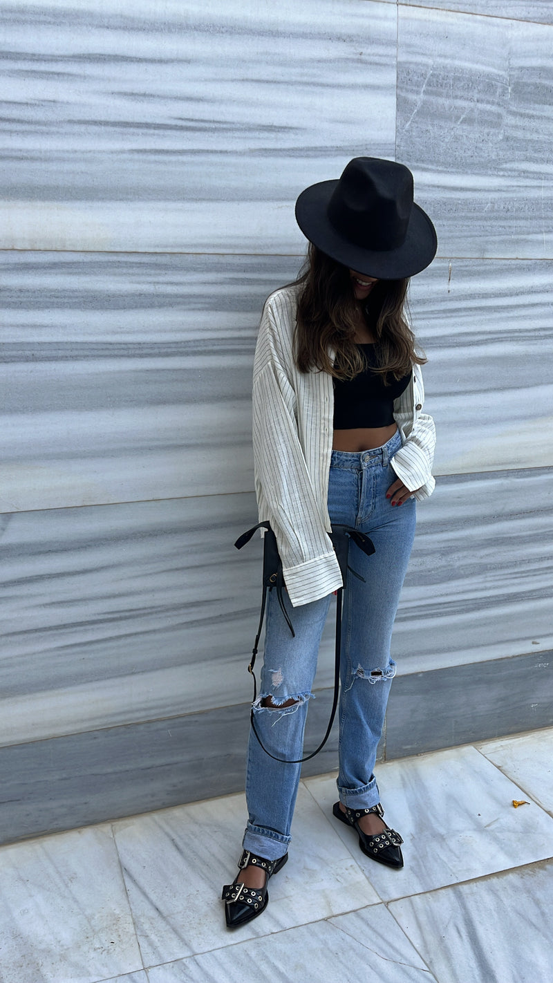 White Lined Linen Cropped Shirt