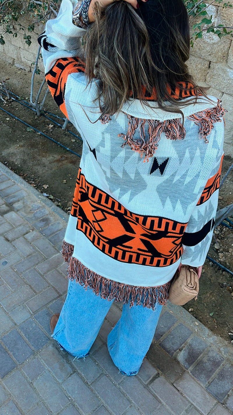 Orange Belted Fringe Hobo Knit Cardi