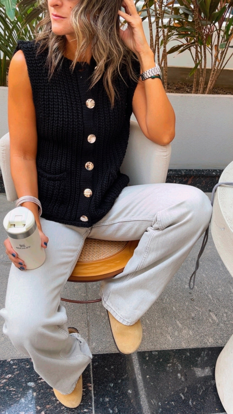 PREORDER Black Golden Button Knit Vest