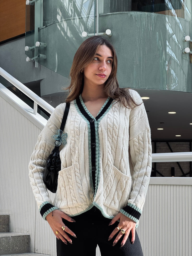 Mint Preppy Striped Trim Cardigan