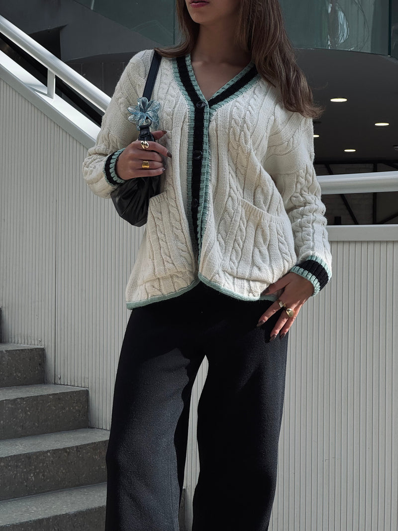 Mint Preppy Striped Trim Cardigan