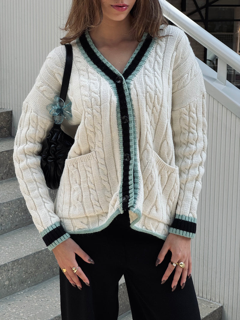 Mint Preppy Striped Trim Cardigan