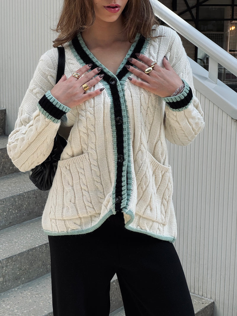 Mint Preppy Striped Trim Cardigan