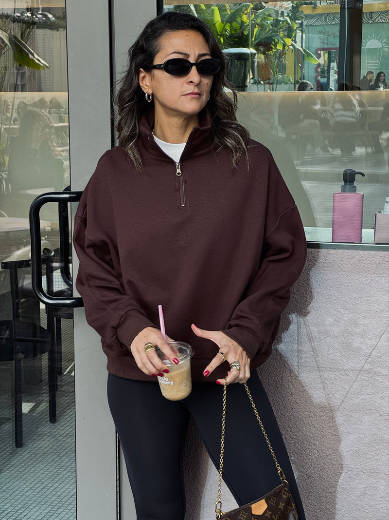 Brown Fleece Lined Quarter Zip Up Sweatshirt