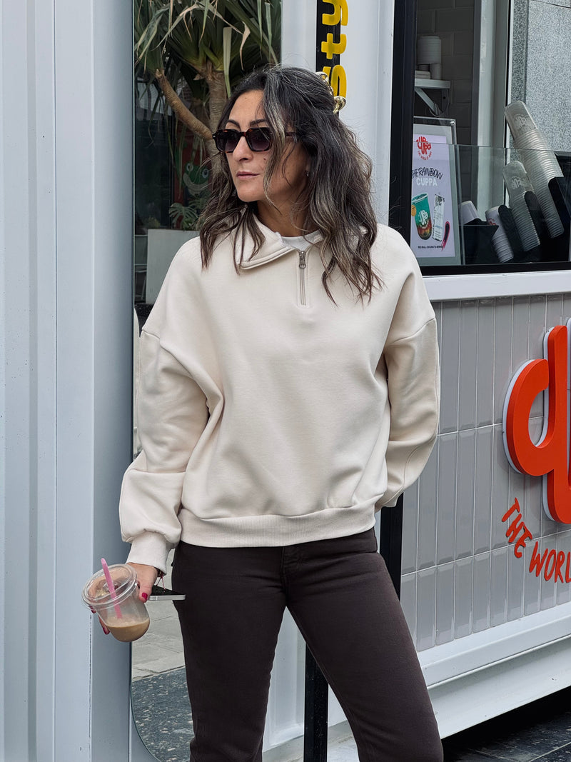 Beige Fleece Lined Quarter Zip Up Sweatshirt