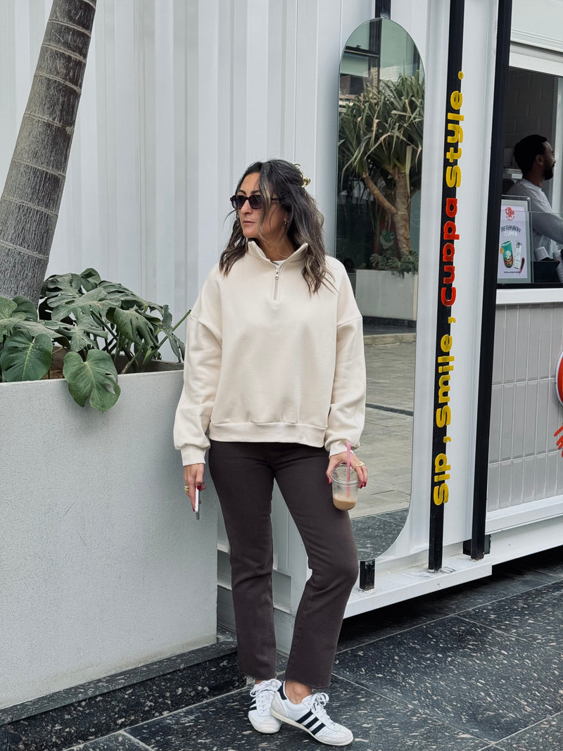 Beige Fleece Lined Quarter Zip Up Sweatshirt