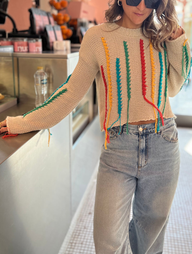 Beige Colorful Stitch Knit