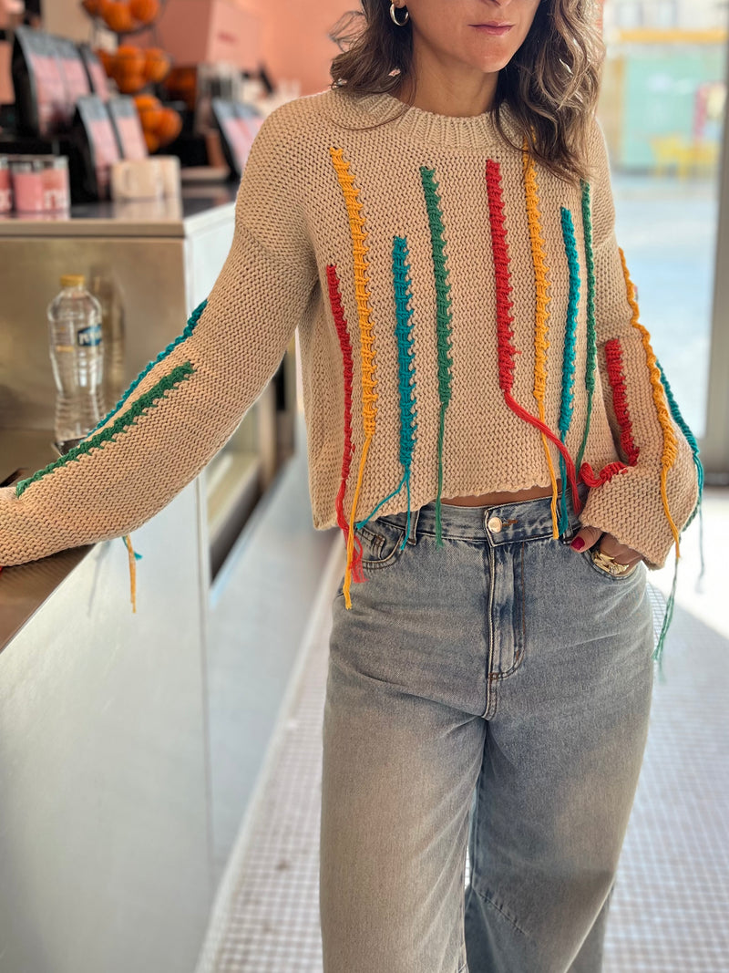 Beige Colorful Stitch Knit