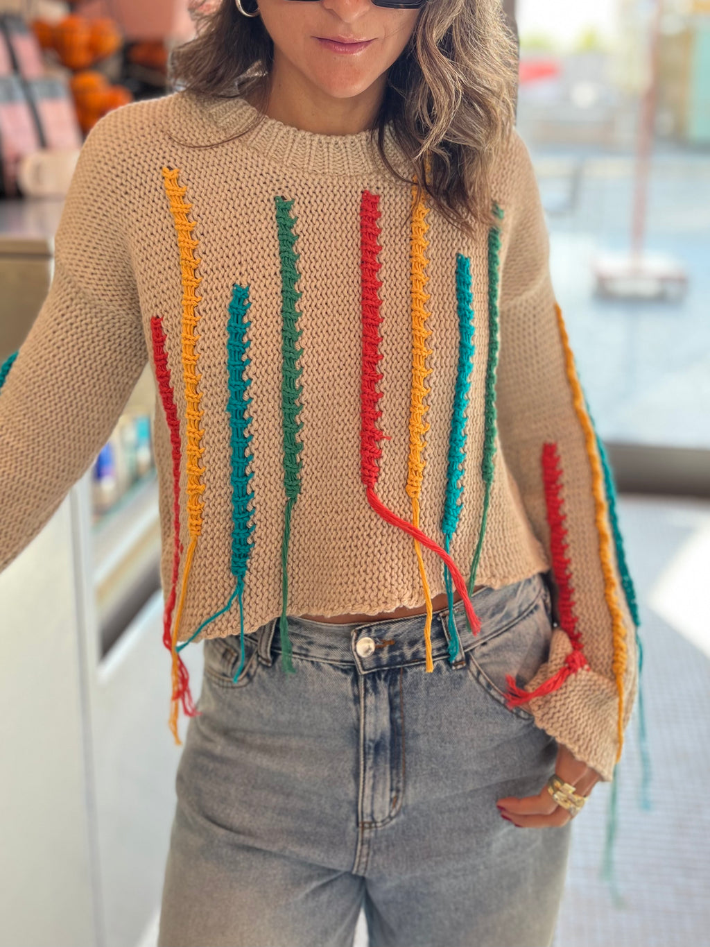 Beige Colorful Stitch Knit