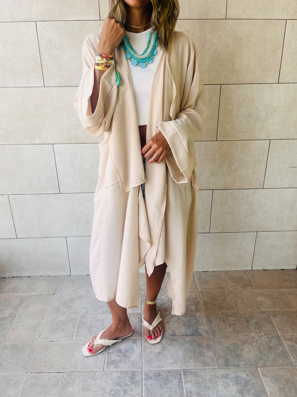 Beige Wear and Tear Linen Duster