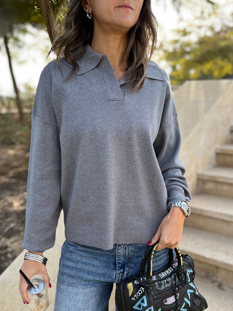 Grey Collard Long Sleeve Pullover