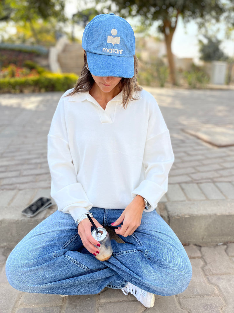 White Collard Long Sleeve Pullover