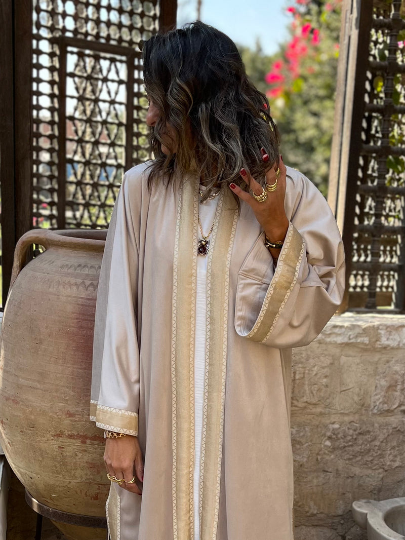 Beige Layali Velvet Kaftan