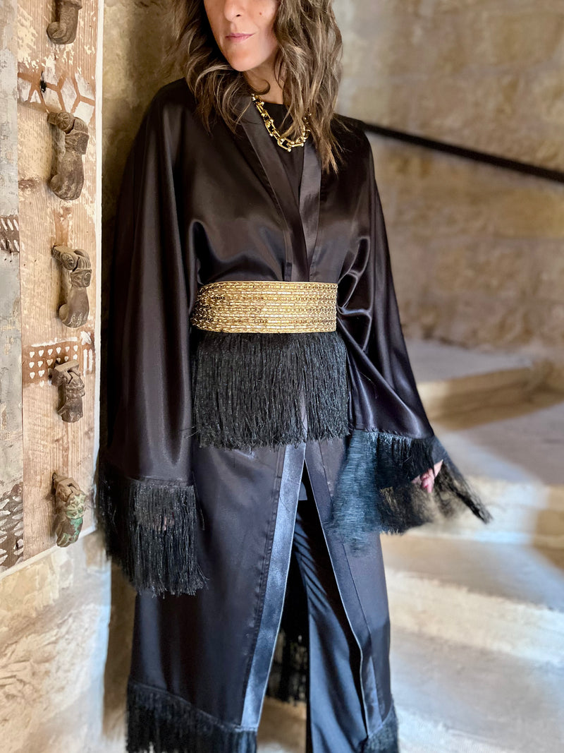 Black satin with detachable belt Kaftan