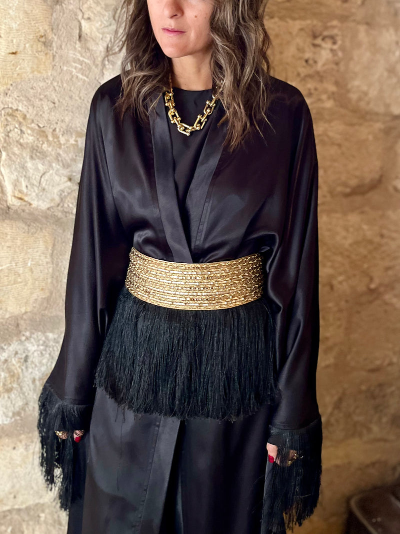 Black satin with detachable belt Kaftan