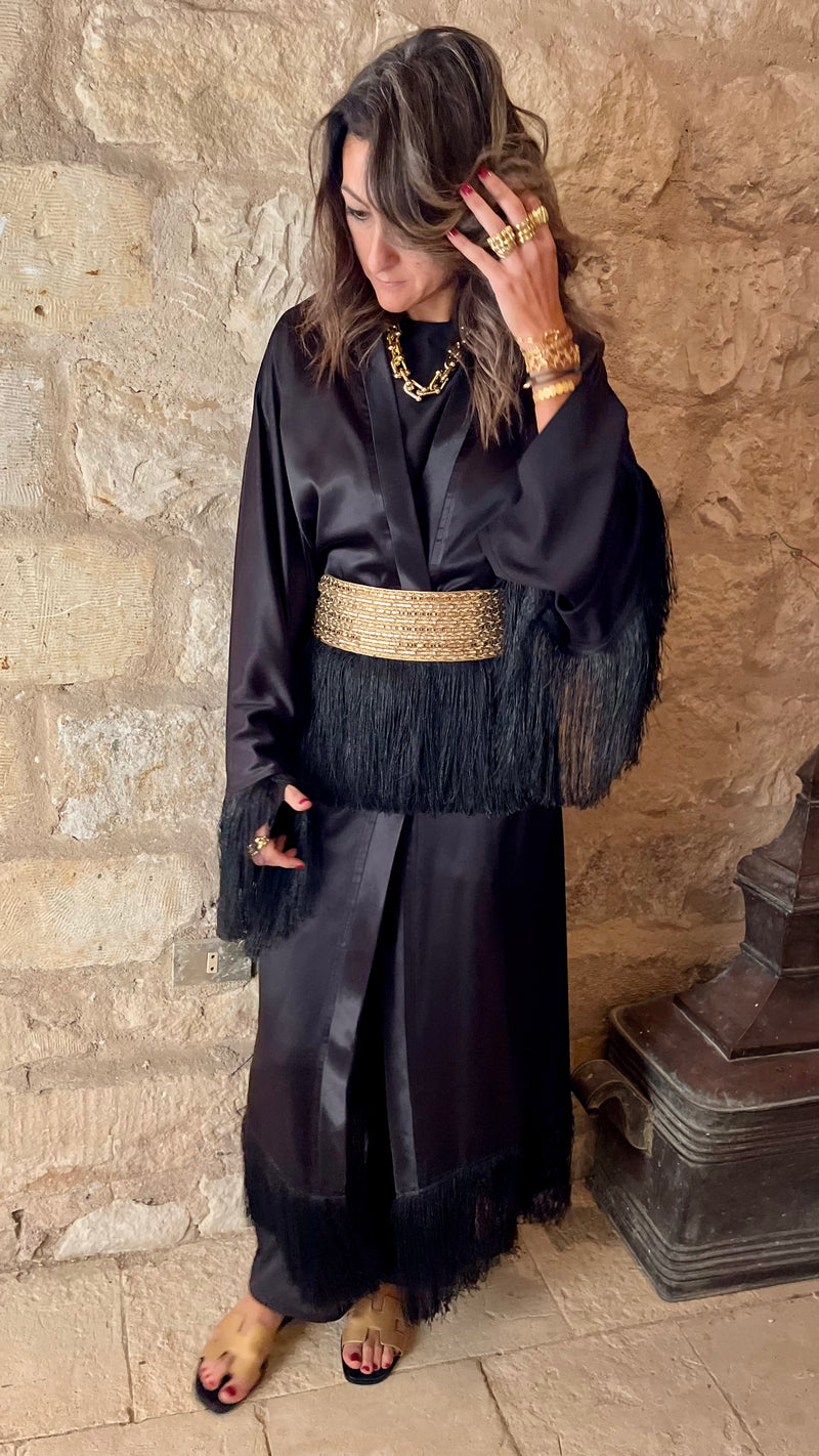 Black satin with detachable belt Kaftan